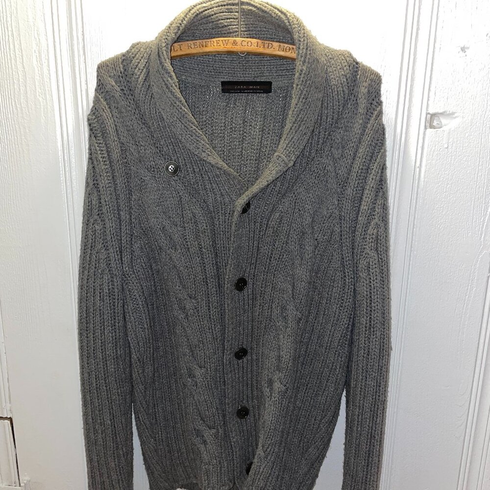 ZARA MAN Shawl Collar Cable Button Long Sleeve Cardigan Sweater Large Gray AX RL
